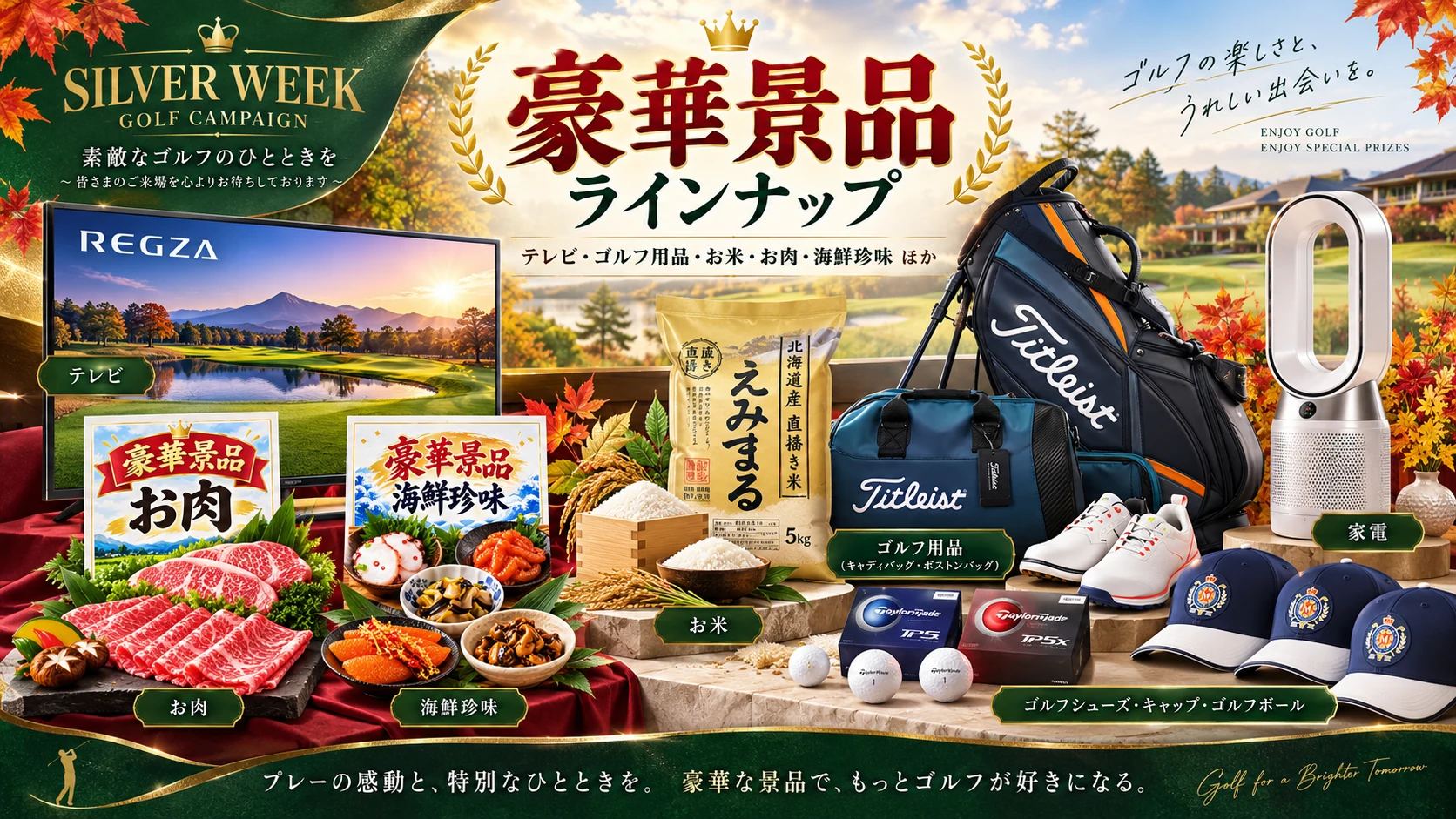 テレビ、ゴルフ用品、お米、高級肉、珍味セット、家電などの豪華景品ラインナップ